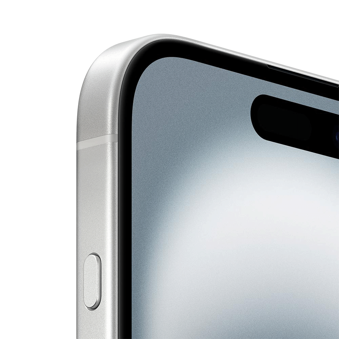 Primer plano del borde del iPhone 16 en color blanco, mostrando el botón lateral y parte de la pantalla con la Dynamic Island encendida.