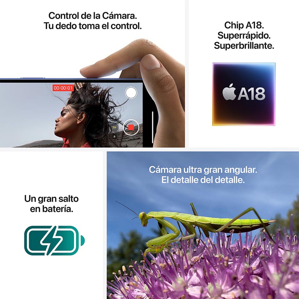 Collage de funciones del iPhone 16: grabación con control táctil, chip A18 Bionic, cámara ultra gran angular de 48 MP, conector USB-C, batería de larga duración y Dynamic Island.