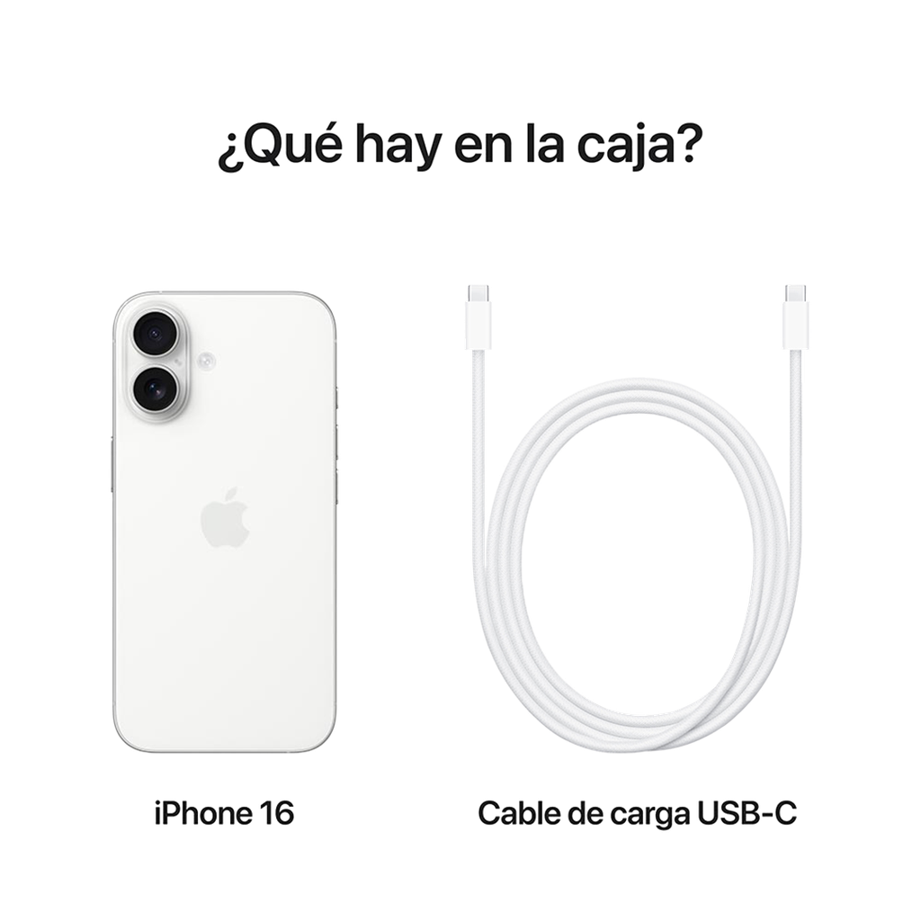 Imagen del iPhone 16 en color blanco junto a un cable de carga USB-C, con el texto "¿Qué hay en la caja?".