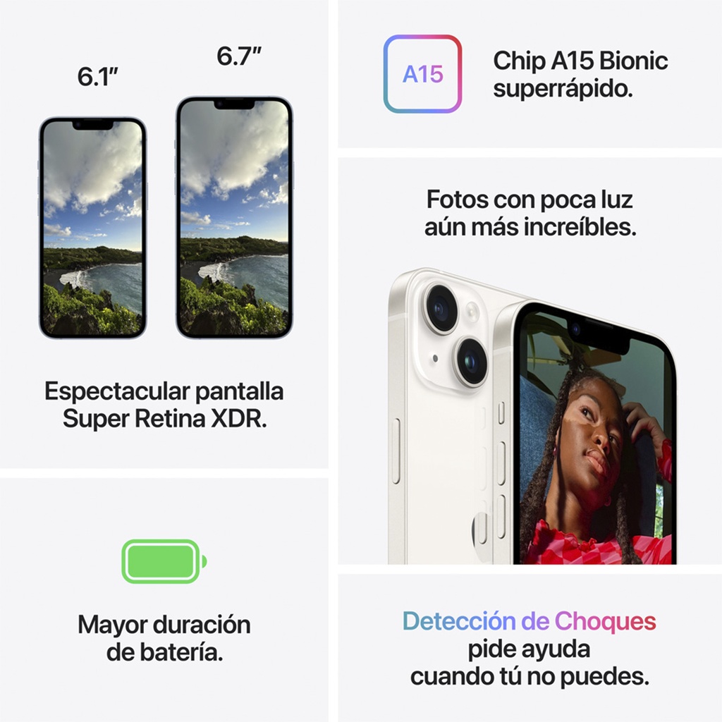 Composición gráfica que destaca las características del iPhone 14: pantallas Super Retina XDR de 6.1" y 6.7", chip A15 Bionic, mejor desempeño en fotos con poca luz, mayor duración de batería y detección de choques automática.