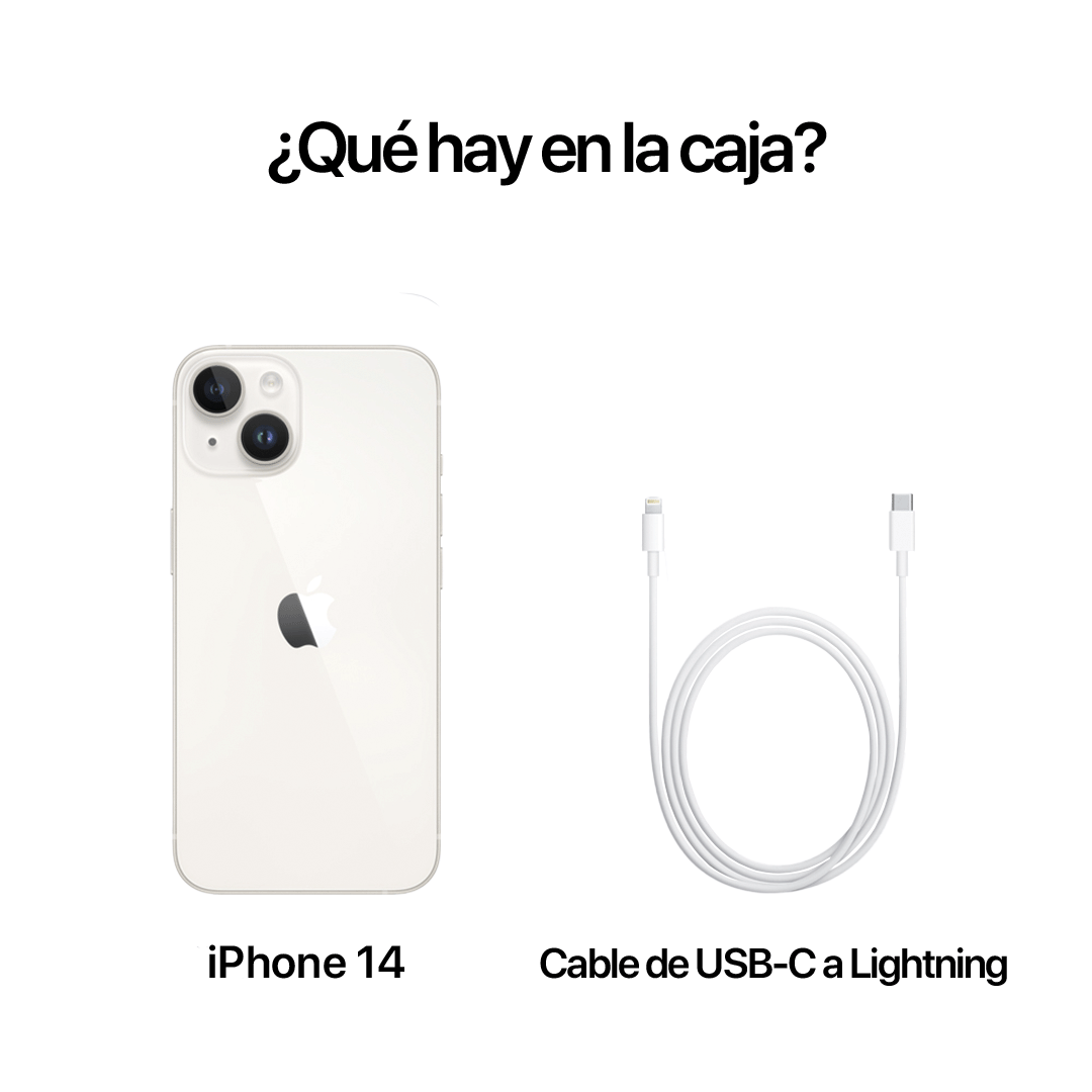 Contenido de la caja del iPhone 14 en color blanco estelar. Incluye el dispositivo y un cable de USB-C a Lightning. No se incluye cargador ni auriculares.